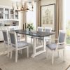 TOPMAX 7-Piece Updated 76.9inch Extendable Trestle Dining Table Set with Removable Leaf, Kitchen Table Set with Upholstered Side Chair and Arm Chair,